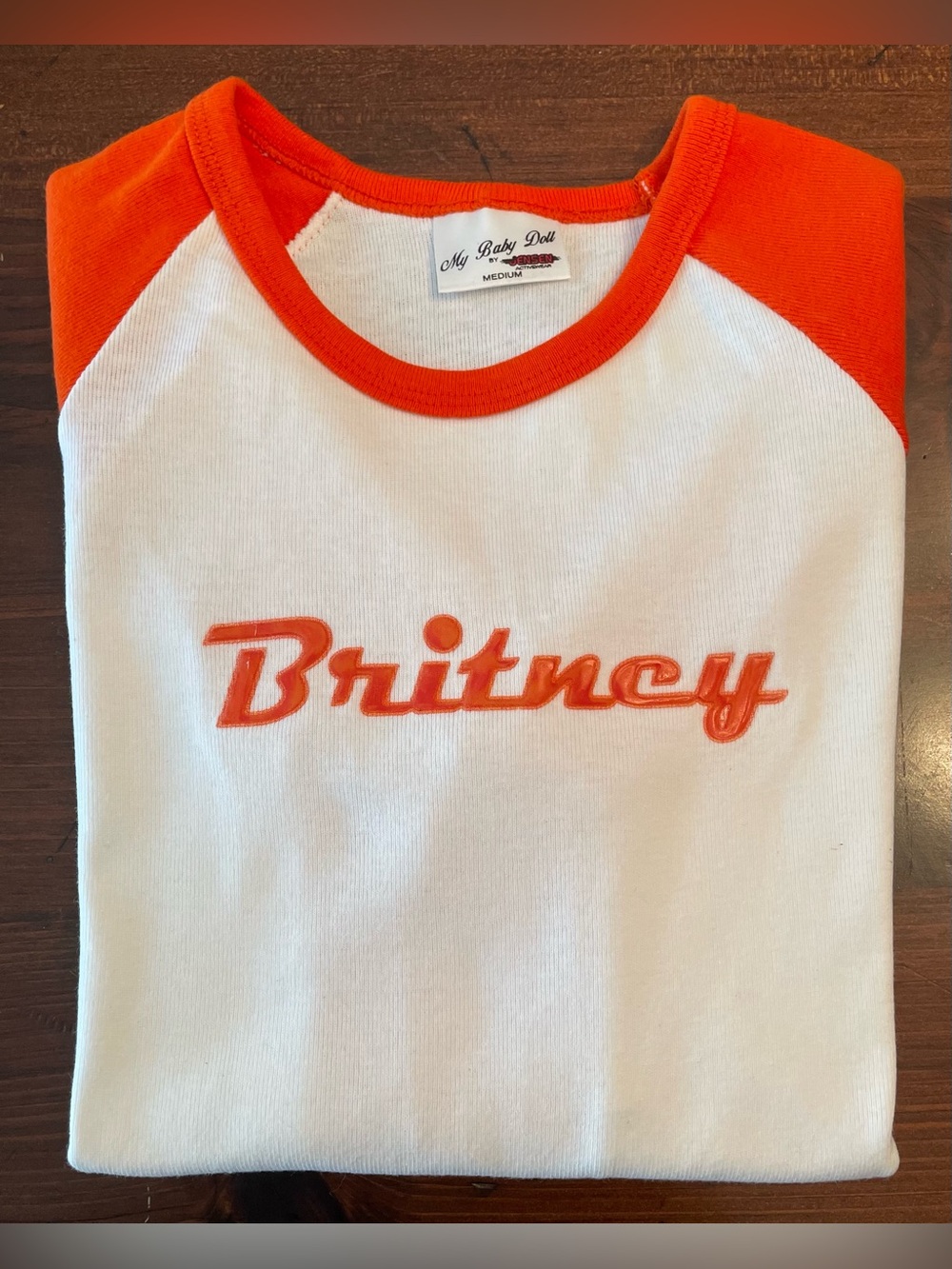 Britney Spears Logo Raglan Junior 3/4 Sleeve Top - MEDIUM - White/Orange (NWOT)